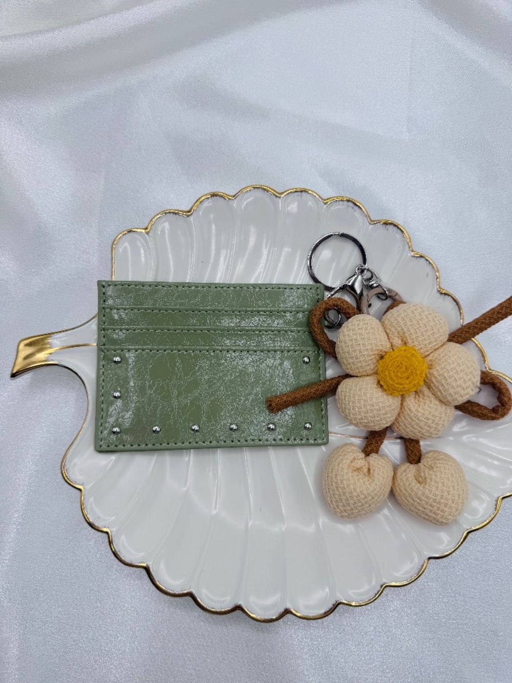Cute Sage Green Card Holder Wallet Keychain w/ Plush Flower Charm Minimalist